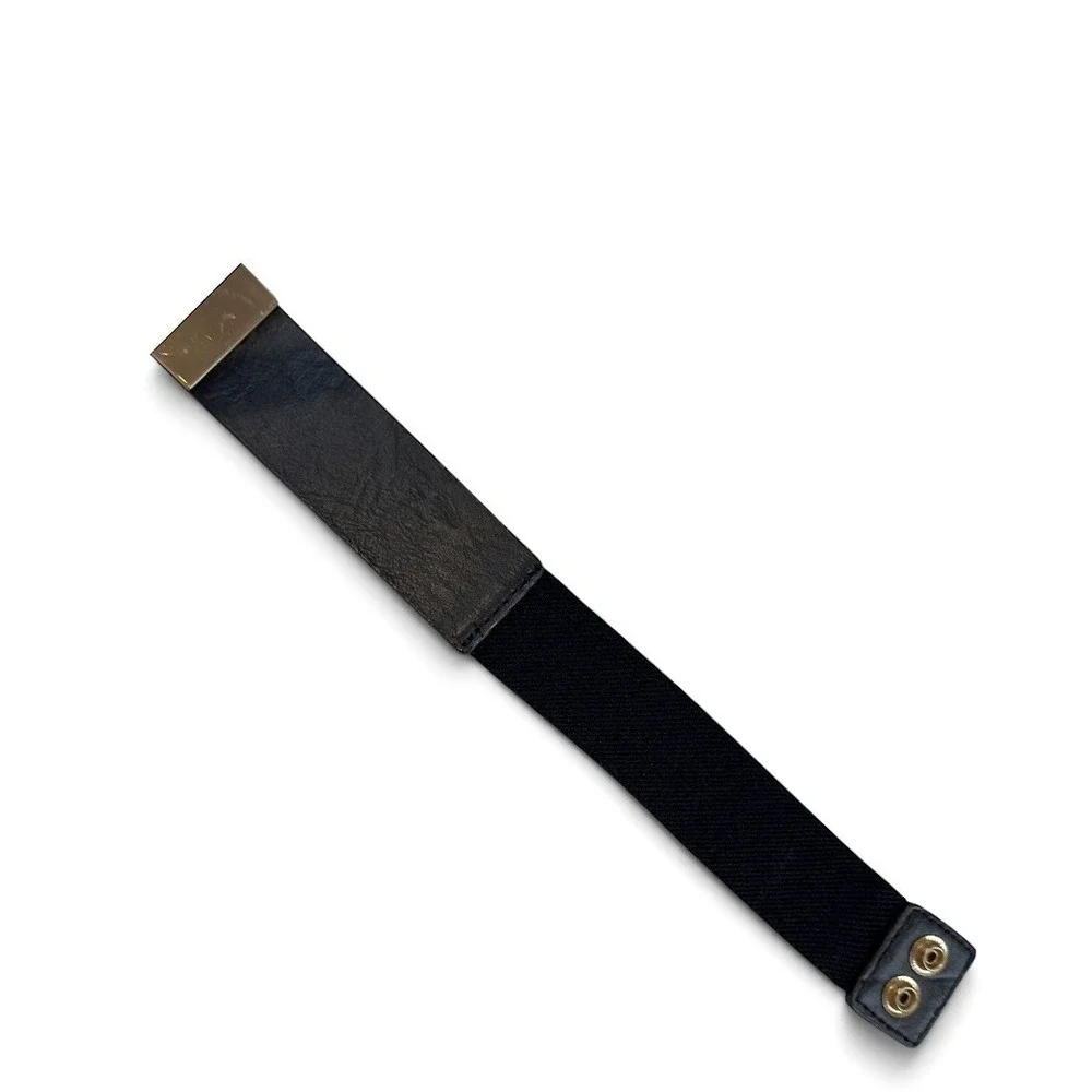 Black Elastic Belt Women M Gold Metal Plate 80s Glam Statement Maximal Vintage